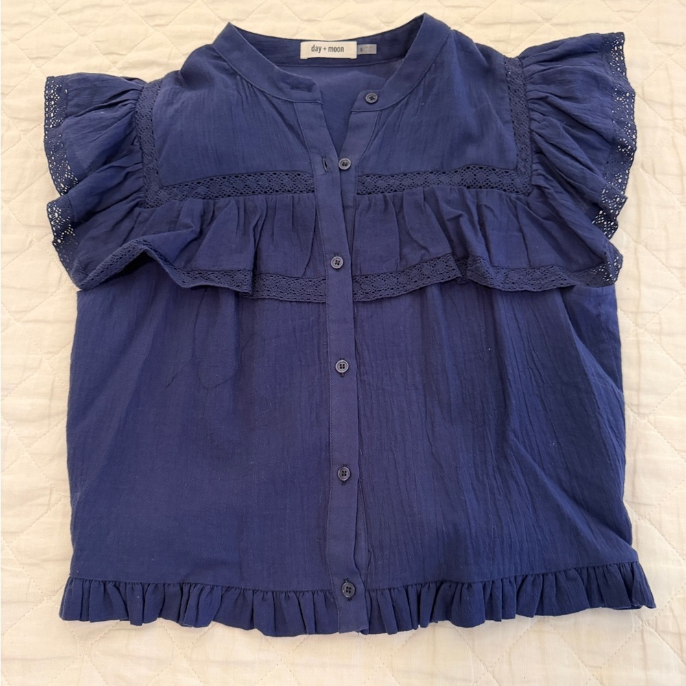 Day + Moon Blue Ruffle Top